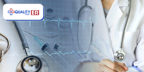 emergency room doctor reading a chart monitors needles stethoscope